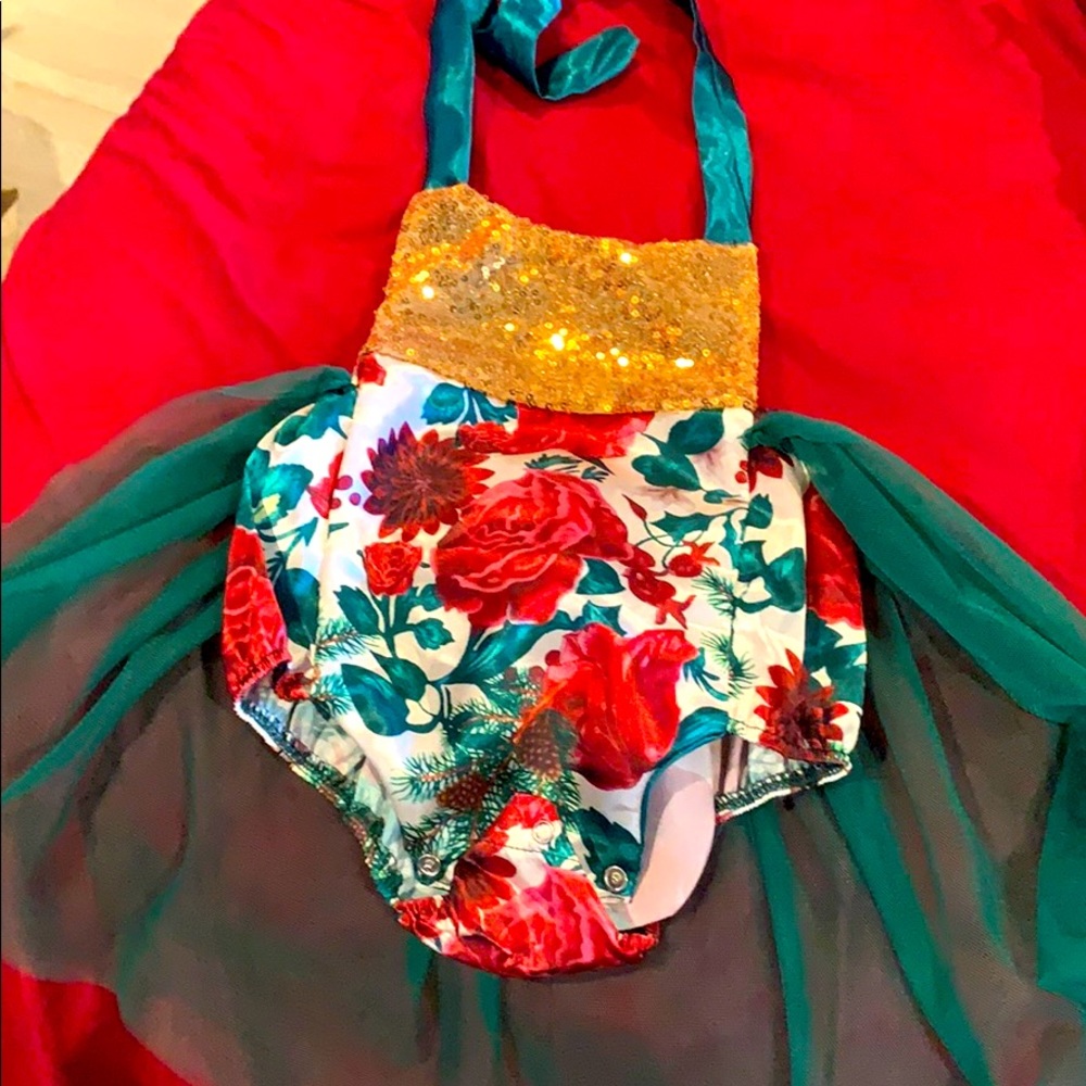 Customized Green & maroon sequined halter romper